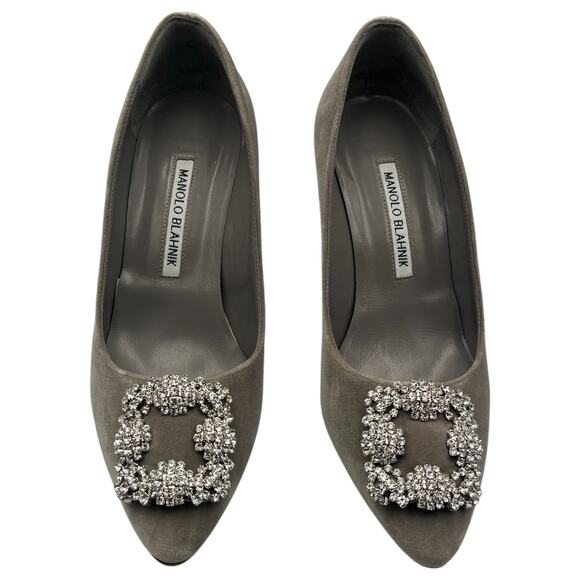 Manolo Blahnik Hangisi Swarovski Crystal Velvet Pointed Toe Pumps Heels Gray 7 - Picture 3 of 12